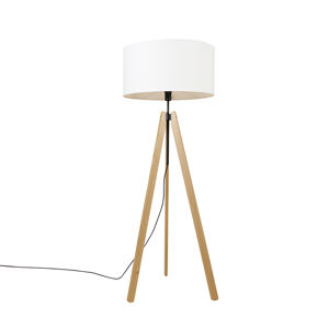 Moderní stojací lampa dřevěný lněný odstín bílý 50 cm stativ - Telu