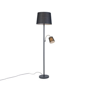 Klasická stojací lampa černá s černým stínítkem a lampičkou na čtení - Retro